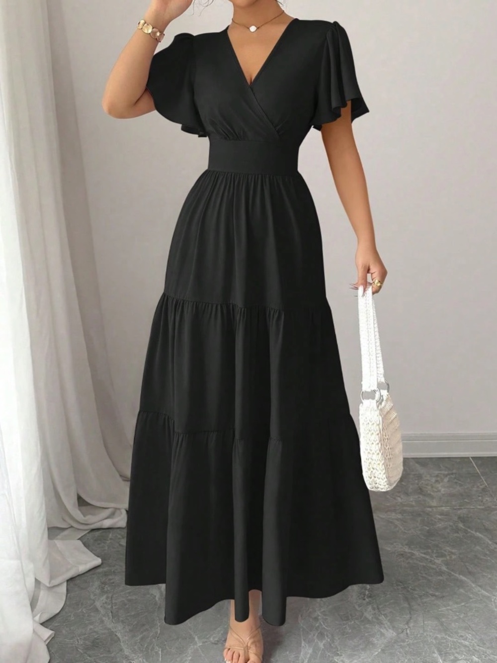 Classic V neck Solid Flounce Sleeve High Waisted Maxi Dress - Picture 10 of 13